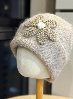 1020r复古立体花朵针织帽女韩系甜美显脸小保暖护耳毛线帽子冷帽