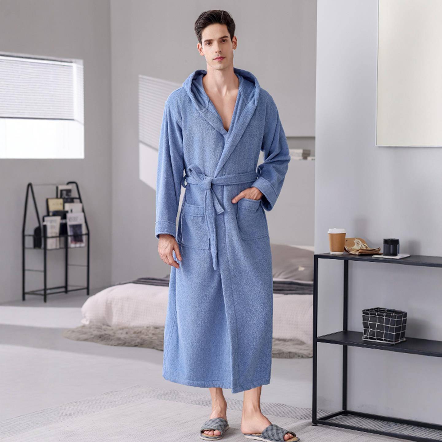 秋冬浴袍男士带帽子秋冬季睡衣加厚加长款睡袍1009c - 图0