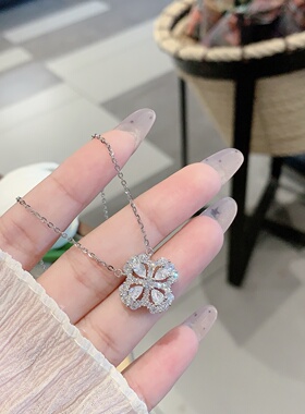 四叶草项链纯银镀白金花朵锁骨链