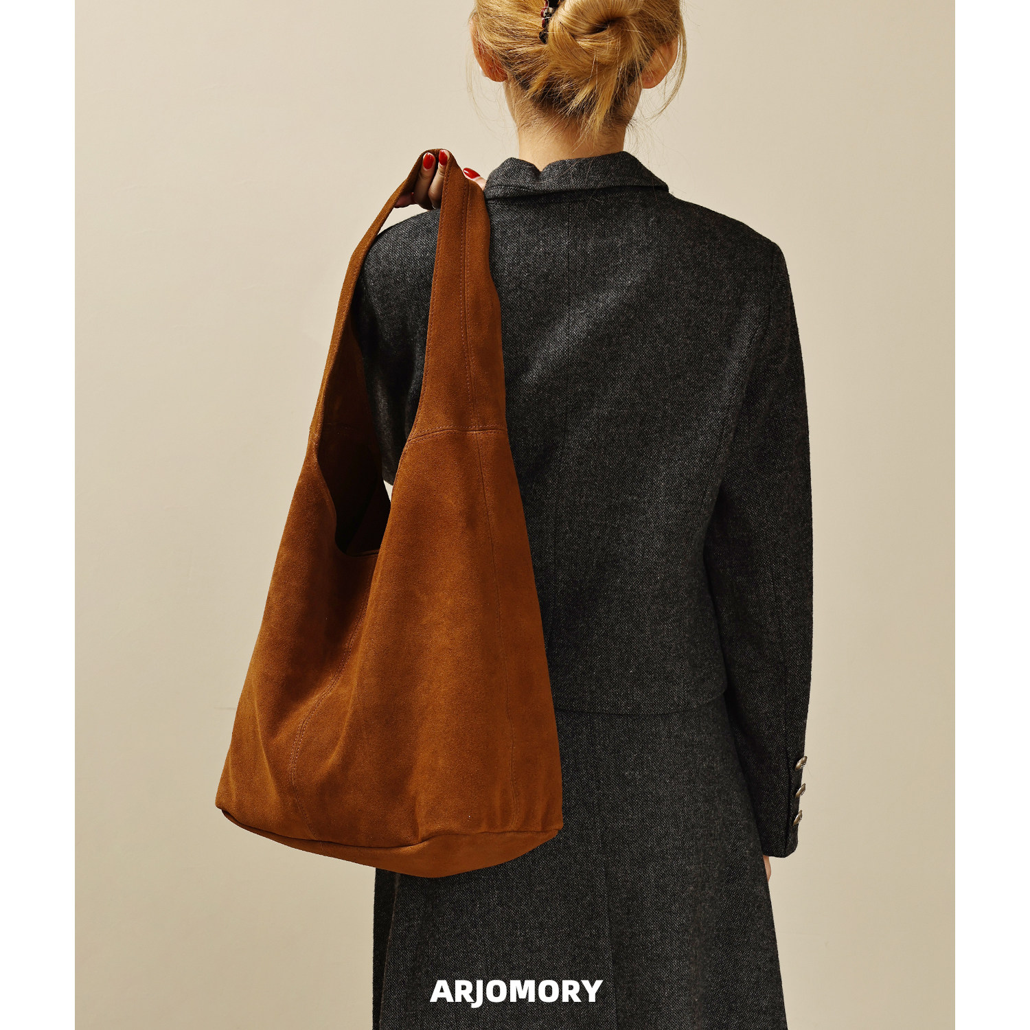 ARJOMORY小众设计复古百搭麂皮绒托特包女慵懒风大容量通勤单肩包,淘宝优惠券,粉丝福利购,淘宝优惠卷