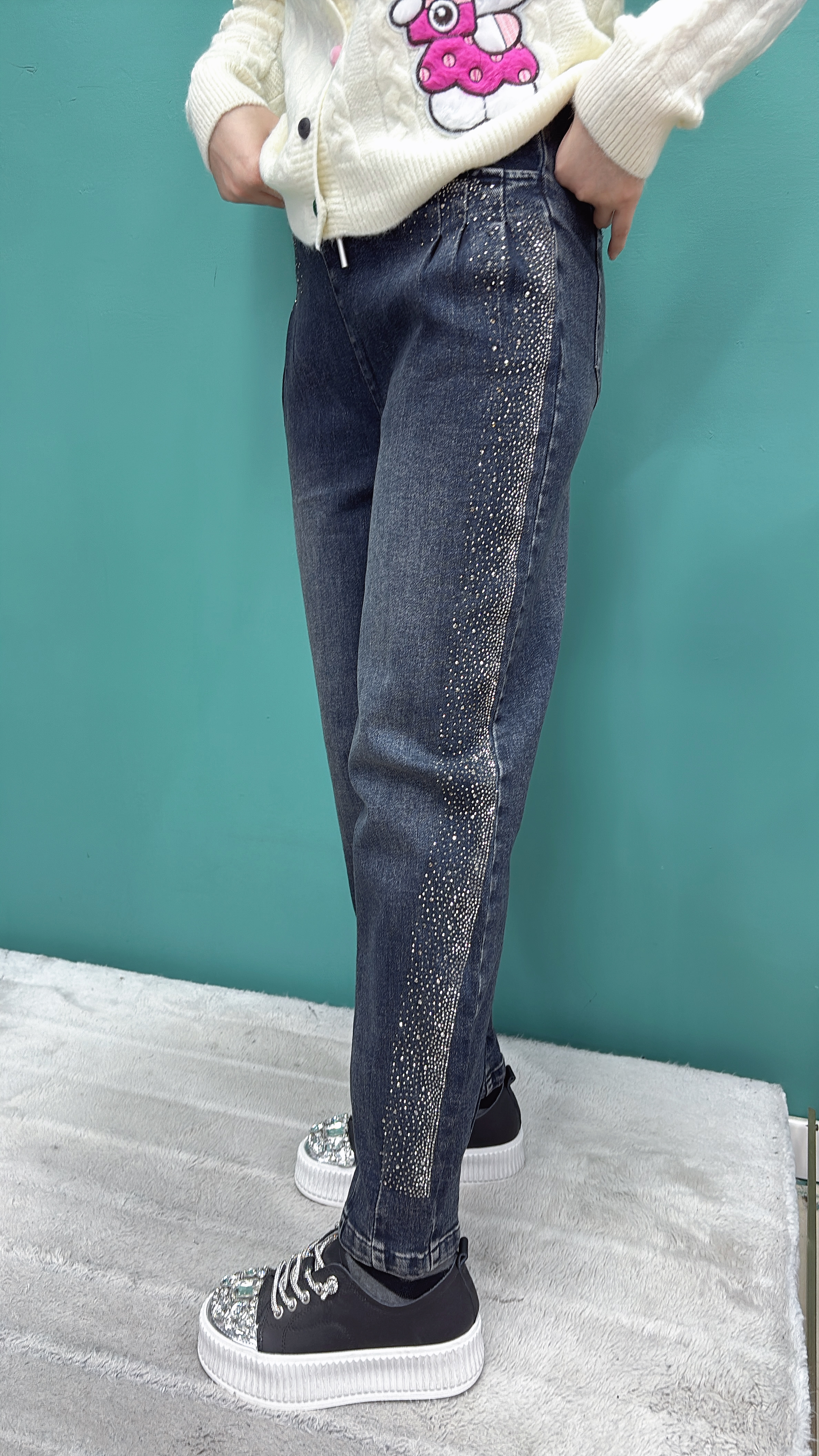 阿静家时尚重工烫钻大码女装加厚牛仔裤满钻胖mm百搭休闲款显瘦女 - 图1