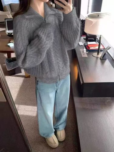 高翻领100羊毛衫长袖复古扭花外搭开衫女加厚双拉链羊绒针织外套 - 图1