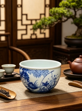 景德镇陶瓷茶杯主人杯手工单杯茶碗青花瓷釉下彩人物童子高端茶具