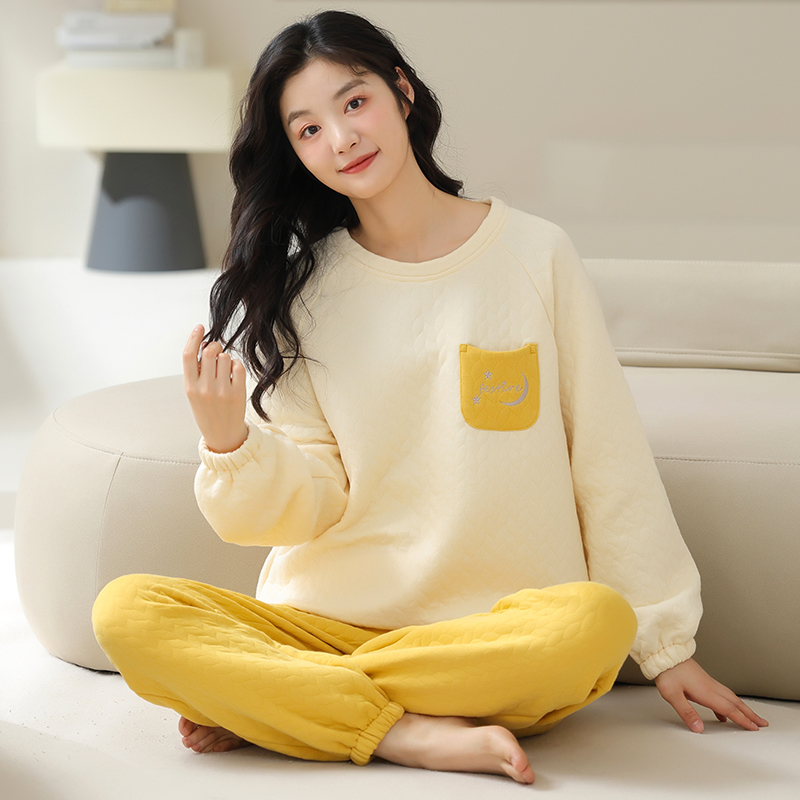 睡衣女秋冬季加厚纯棉长袖空气棉夹层春秋季家居服套装2024年新款 - 图2