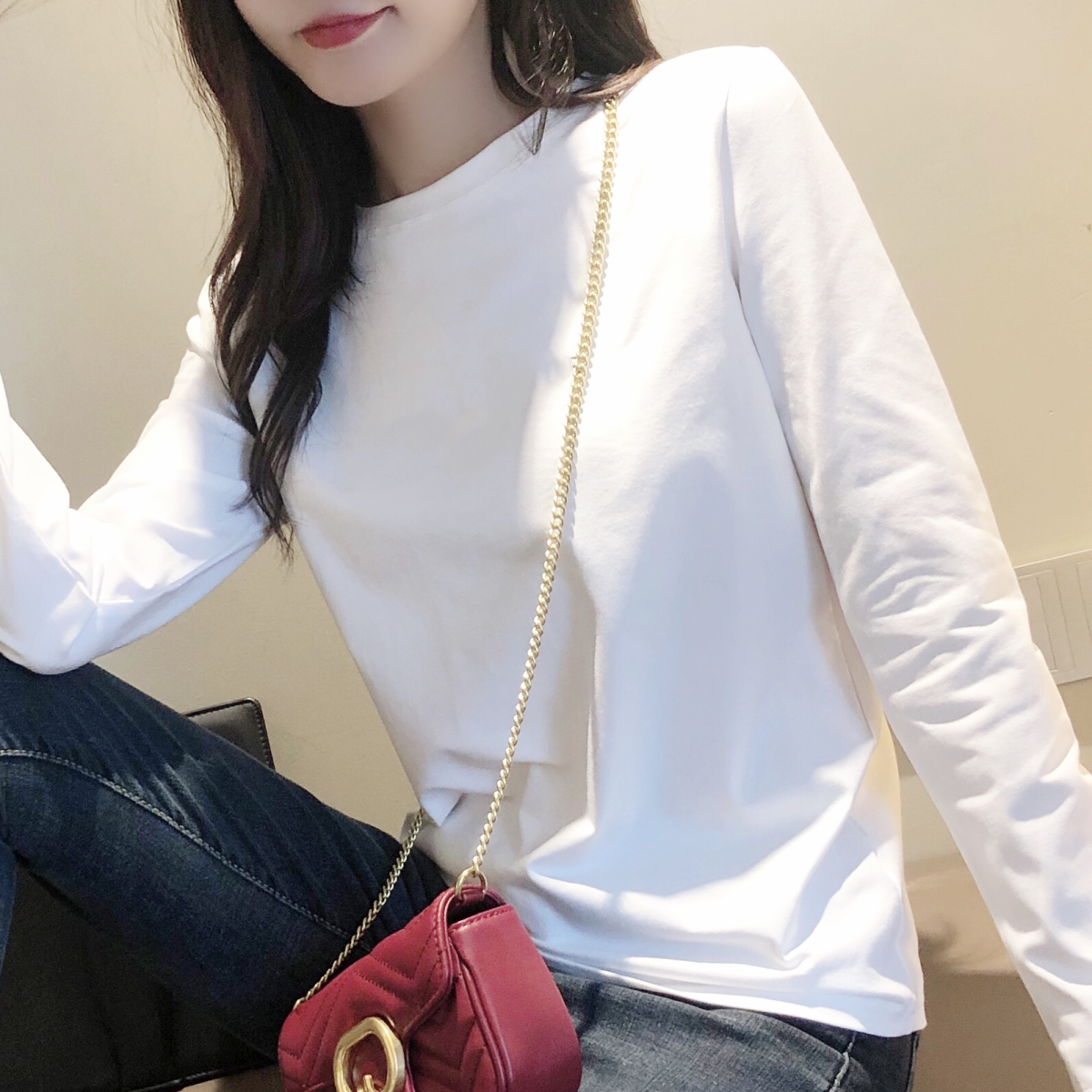 2021秋季白色t恤长袖加绒打底衫 酷丹琦T恤