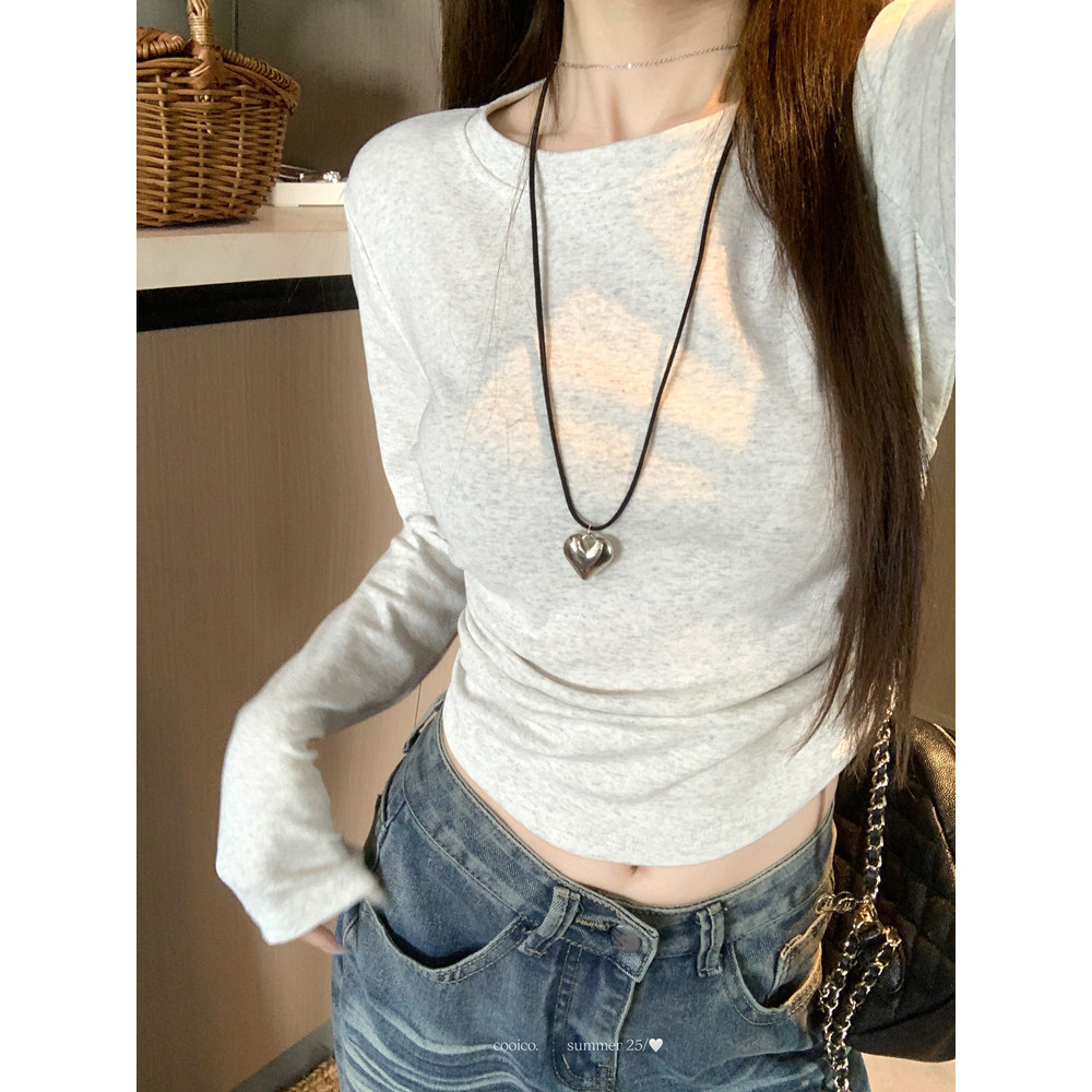 正肩灰色t恤女长袖早秋穿搭韩系辣妹修身紧身短款内搭打底衫上衣,淘宝优惠券,粉丝福利购,淘宝优惠卷