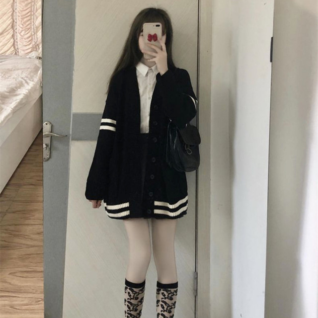 Loose lazy knitted cardigan baseball jersey sweater jacket