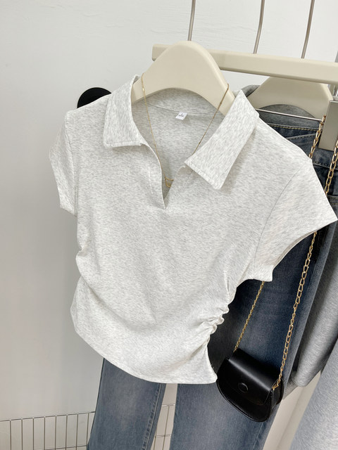 Summer hot girls slim and slim shoulder T-shirt for women's short-sleeved design with irregular folds and short Polo shirt top