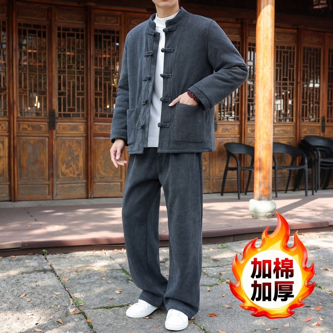 新中式盘扣设计欧棉绒加厚保暖棉衣套装男宽松大码冬季棉裤两件套,淘宝优惠券,粉丝福利购,淘宝优惠卷