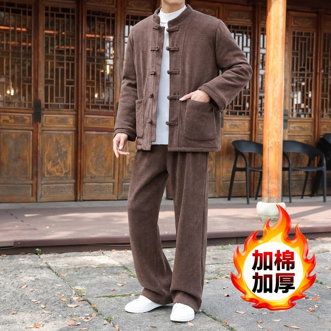 新中式盘扣设计欧棉绒加厚保暖棉衣套装男宽松大码冬季棉裤两件套,淘宝优惠券,粉丝福利购,淘宝优惠卷