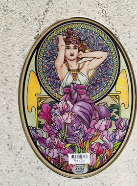 超值 穆夏Mucha美人紫鸢尾立线彩绘玻璃挂牌外贸尾货复古艺术送礼