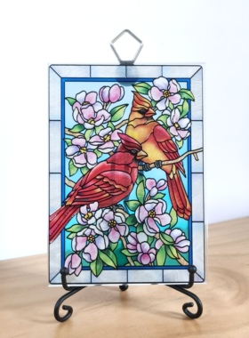 清仓！红鸟与花 美国AMIA挂件摆盘两用美国彩绘玻璃生日礼物女生