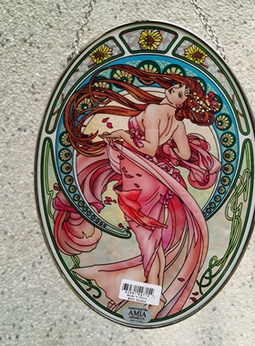 绝美！穆夏Mucha舞蹈美人彩绘玻璃挂画外贸原单中古艺术收藏送礼