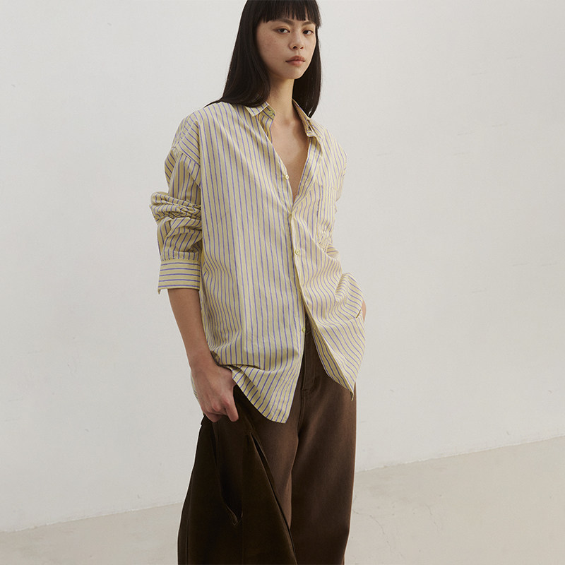 SLO【豆豆同款】【天才女友高智】经典翻领宽松长袖条纹衬衫衣女