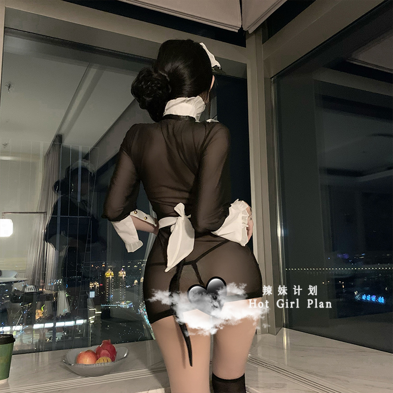 辣妹计划：娇羞女仆*性感网纱透视包臀连衣裙qqny诱惑女佣制服装 - 图2