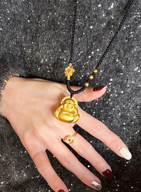 叶优里沙金实心弥勒佛吊坠中式男女款本命佛女项链