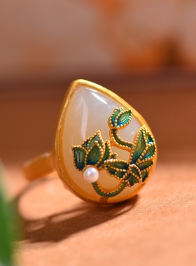 S925银镀18K金镶和田玉白玉水滴女宫廷复古戒指戒圈汉服配饰指环