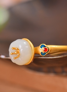 S925银镀18K金镶和田玉白玉莲花女宫廷复古戒指戒圈汉服配饰指环