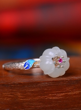 S925银镀18K金镶和田玉白玉花苞女宫廷复古戒指戒圈汉服配饰指环