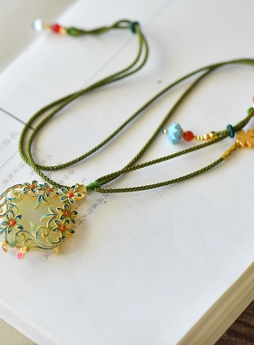 S925银镀18K金镶和田白玉方形珐琅宫廷复古吊坠汉服配饰玉坠项链