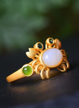 S925银镀18K金镶和田玉白玉螃蟹女宫廷复古戒指戒圈汉服配饰指环