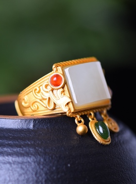 S925银镀18K金镶和田玉白玉方形女宫廷复古戒指戒圈汉服配饰指环