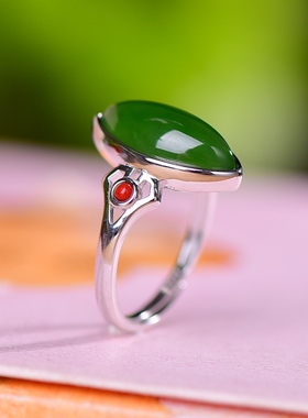 S925银镀18K金镶和田玉碧玉马眼女宫廷复古戒指戒圈汉服配饰指环