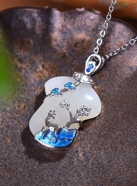 S925银镀18K金镶和田玉白玉鹿旗袍宫廷复古吊坠汉服配饰玉坠项链