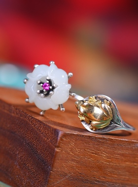 S925银镀18K金镶和田玉白玉青蛙女宫廷复古戒指戒圈汉服配饰指环