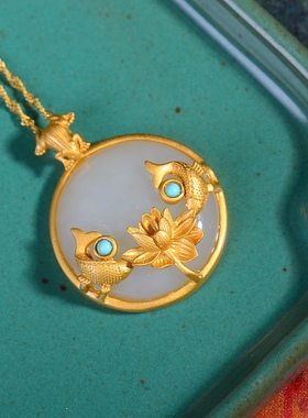 S925银镀18K金镶和田白玉蛋面珐琅宫廷复古吊坠汉服配饰玉坠项链