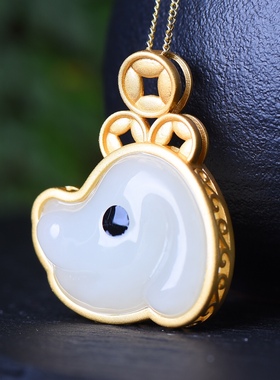 S925银镀18K金镶和田玉发财狗珐琅宫廷复古吊坠汉服配饰玉坠项链