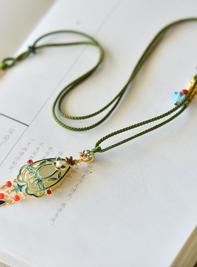 S925银镀18K金镶和田白玉水滴珐琅宫廷复古吊坠汉服配饰玉坠项链