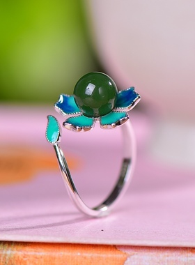 S925银镀18K金镶和田玉碧玉8厘珠宫廷复古戒指戒圈汉服配饰指环