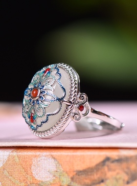 S925银镀18K金镶和田玉白玉蛋面女宫廷复古戒指戒圈汉服配饰指环