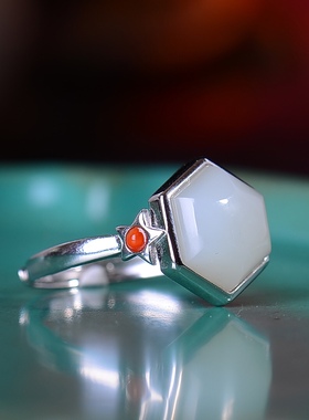 S925银镀18K金镶和田玉白玉六角鼓面女复古戒指戒圈汉服配饰指环