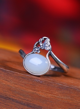 S925银镀18K金镶和田玉白玉葫芦女宫廷复古戒指戒圈汉服配饰指环