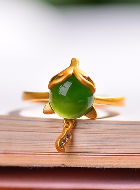 S925银镀18K金镶和田玉碧玉狐狸女宫廷复古戒指戒圈汉服配饰指环