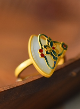 S925银镀18K金镶和田玉白玉裙形女宫廷复古戒指戒圈汉服配饰指环