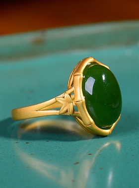 S925银镀18K金镶和田玉碧玉蛋面女宫廷复古戒指戒圈汉服配饰指环