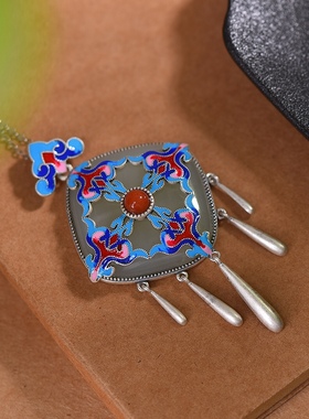 S925银镀18K金镶和田玉方形珐琅宫廷复古女吊坠汉服配饰玉坠项链