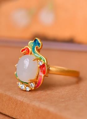 S925银镀18K金镶和田玉白玉蛋面女宫廷复古戒指戒圈汉服配饰指环