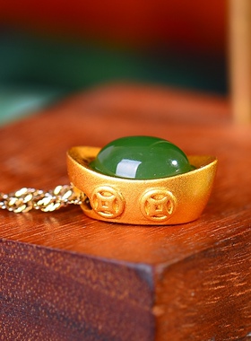 S925银镀18K金镶和田碧玉元宝珐琅宫廷复古吊坠汉服配饰玉坠项链