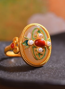 S925银镀18K金镶和田玉白玉蛋面女宫廷复古戒指戒圈汉服配饰指环