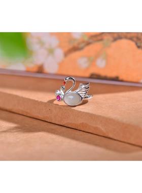 S925银镀18K金镶和田玉白玉天鹅女宫廷复古戒指戒圈汉服配饰指环