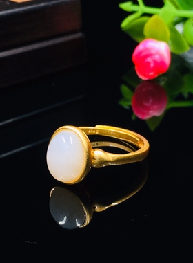 S925银镀18K金镶和田玉白玉蛋面女宫廷复古戒指戒圈汉服配饰指环