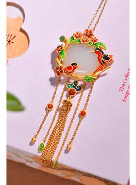 S925银镀18K金镶和田玉白玉喜鹊梅花宫廷女吊坠汉服配饰玉坠项链