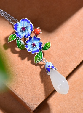 S925银镀18K金镶和田玉白玉玉兰花宫廷复古吊坠汉服配饰玉坠项链