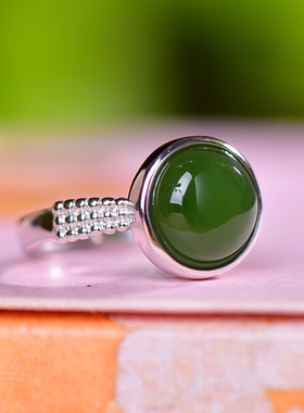 S925银镀18K金镶和田玉碧玉蛋面女宫廷复古戒指戒圈汉服配饰指环