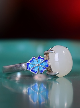 S925银镀18K金镶和田玉白玉蛋面女宫廷复古戒指戒圈汉服配饰指环