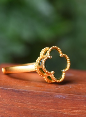 S925银镀18K金镶和田玉碧玉四叶草宫廷复古戒指戒圈汉服配饰指环